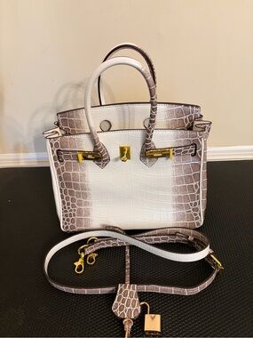 Croc-Embossed White and Taupe Satchel with Gold Hardware